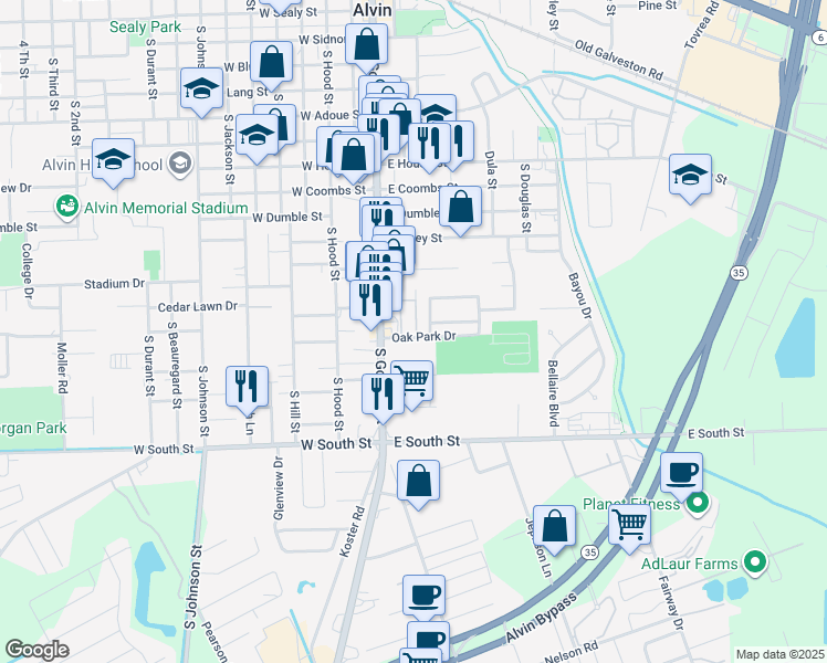map of restaurants, bars, coffee shops, grocery stores, and more near 201 Oak Park Drive in Alvin
