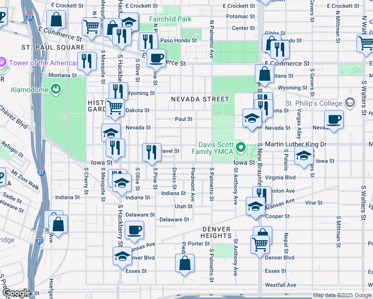 map of restaurants, bars, coffee shops, grocery stores, and more near 813 Martin Luther King Drive in San Antonio