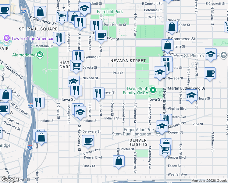 map of restaurants, bars, coffee shops, grocery stores, and more near 629 Martin Luther King Drive in San Antonio