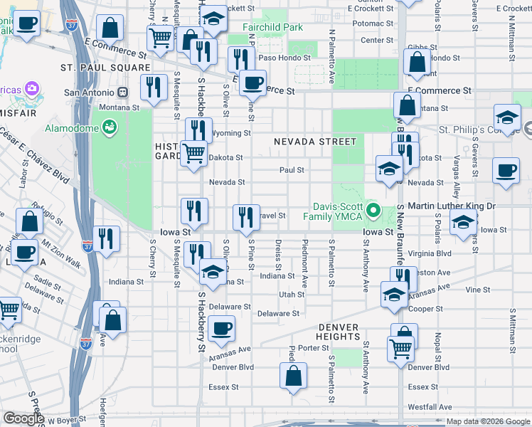 map of restaurants, bars, coffee shops, grocery stores, and more near 629 Martin Luther King Drive in San Antonio