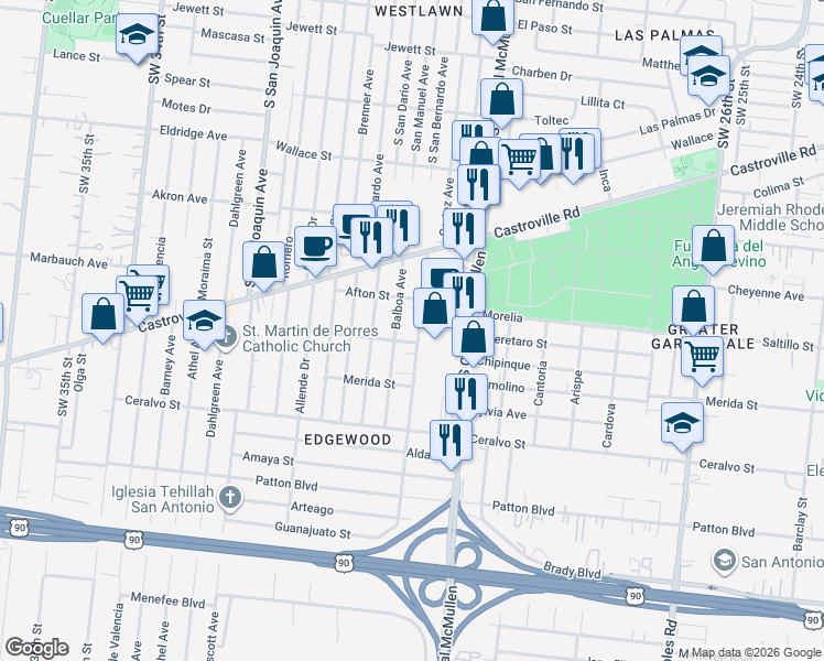 map of restaurants, bars, coffee shops, grocery stores, and more near 214 Balboa Avenue in San Antonio