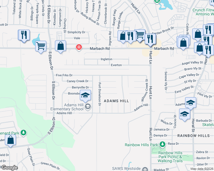map of restaurants, bars, coffee shops, grocery stores, and more near 9438 Nashville Drive in San Antonio