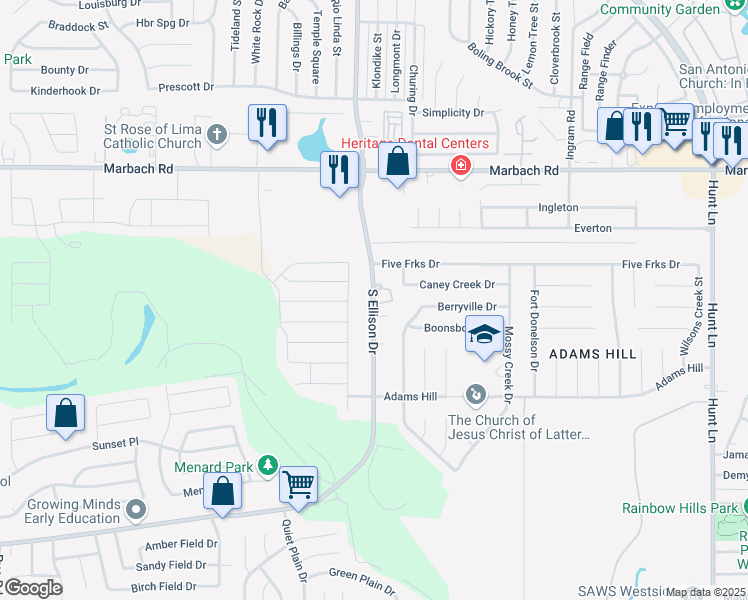 map of restaurants, bars, coffee shops, grocery stores, and more near 1814 South Ellison Drive in San Antonio