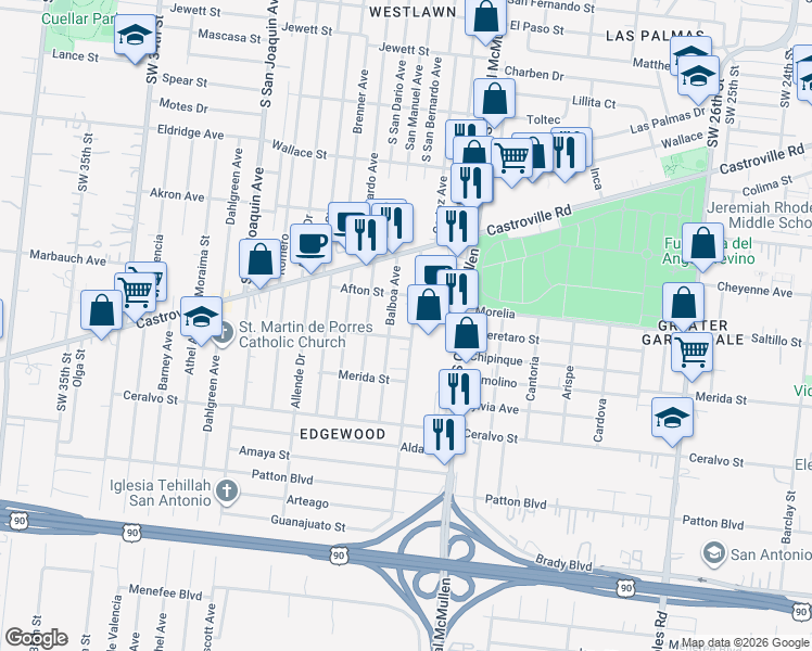 map of restaurants, bars, coffee shops, grocery stores, and more near 214 Balboa Avenue in San Antonio