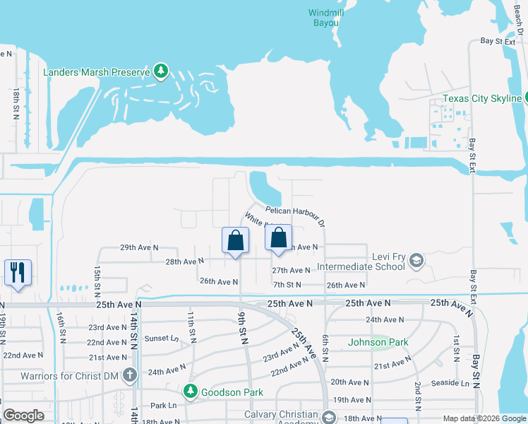 map of restaurants, bars, coffee shops, grocery stores, and more near 811 Pelican Harbour Drive in Texas City