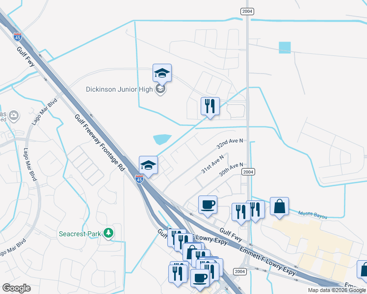 map of restaurants, bars, coffee shops, grocery stores, and more near 3325 111th Street North in Texas City