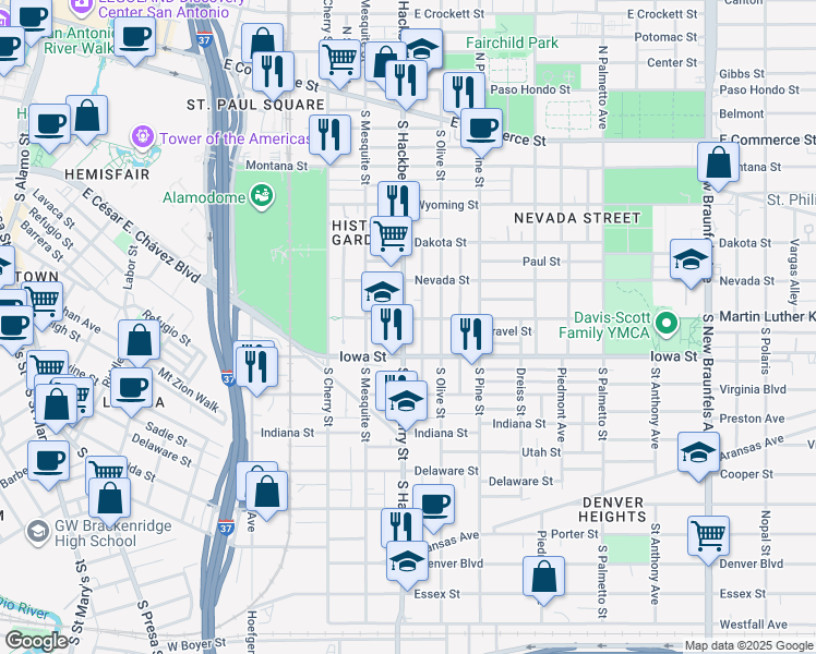 map of restaurants, bars, coffee shops, grocery stores, and more near 704 South Hackberry in San Antonio