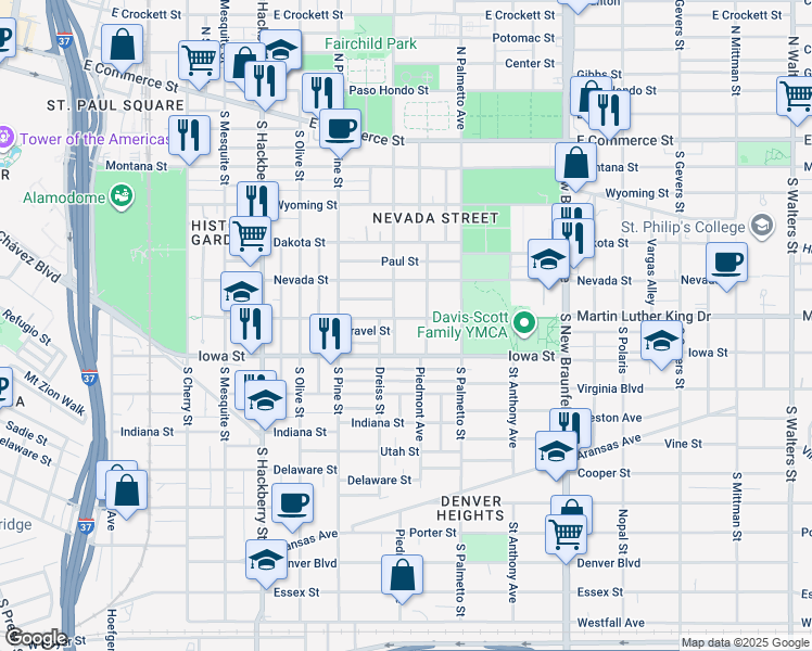map of restaurants, bars, coffee shops, grocery stores, and more near 813 Martin Luther King Drive in San Antonio