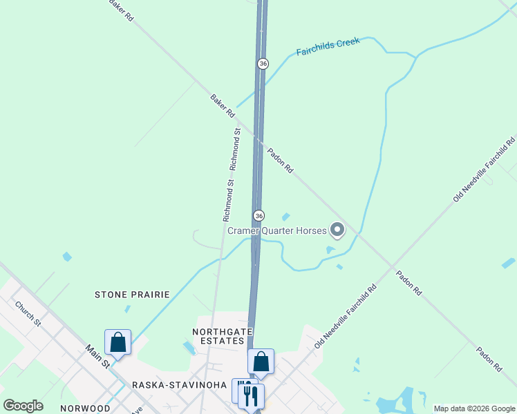 map of restaurants, bars, coffee shops, grocery stores, and more near 12205 Texas 36 in Needville