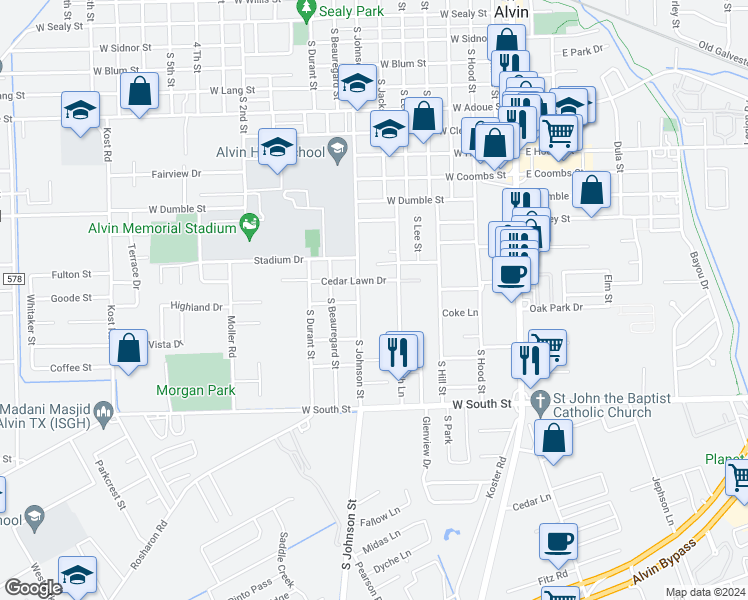 map of restaurants, bars, coffee shops, grocery stores, and more near 725 Cedar Lawn Drive in Alvin