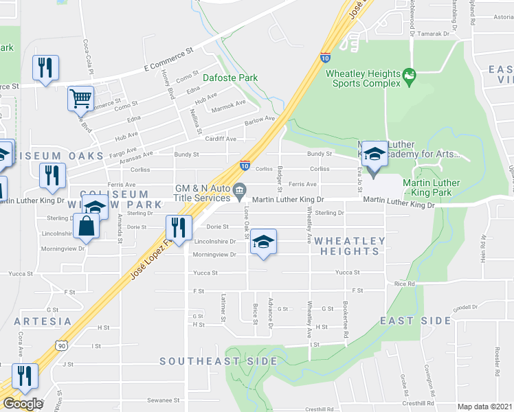 map of restaurants, bars, coffee shops, grocery stores, and more near 3243 Martin Luther King Drive in San Antonio