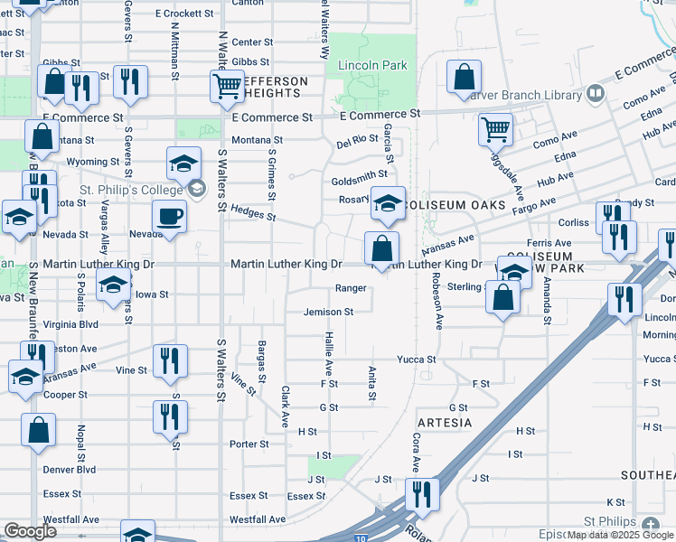 map of restaurants, bars, coffee shops, grocery stores, and more near 1226 Hedges Street in San Antonio