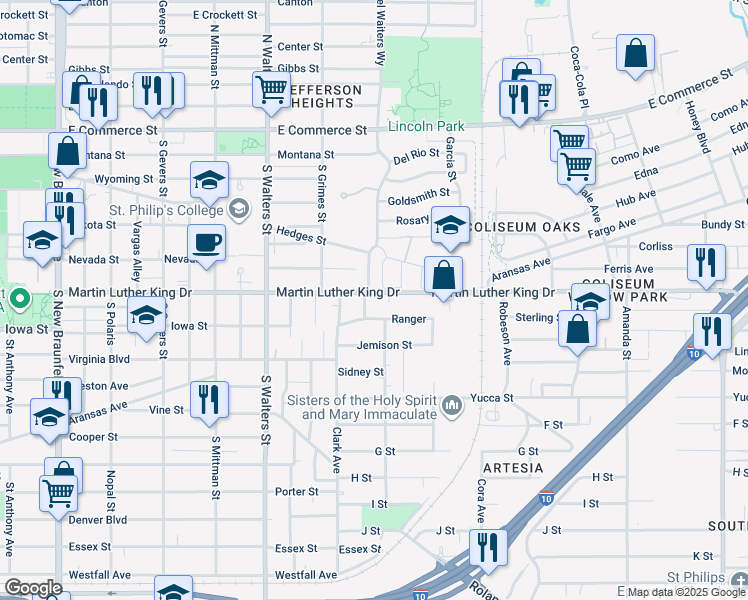 map of restaurants, bars, coffee shops, grocery stores, and more near in San Antonio