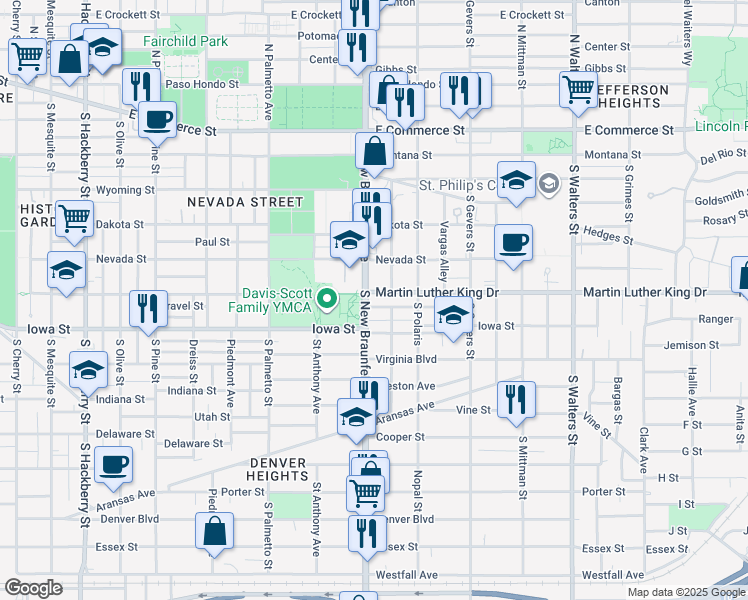 map of restaurants, bars, coffee shops, grocery stores, and more near 590 South New Braunfels Avenue in San Antonio