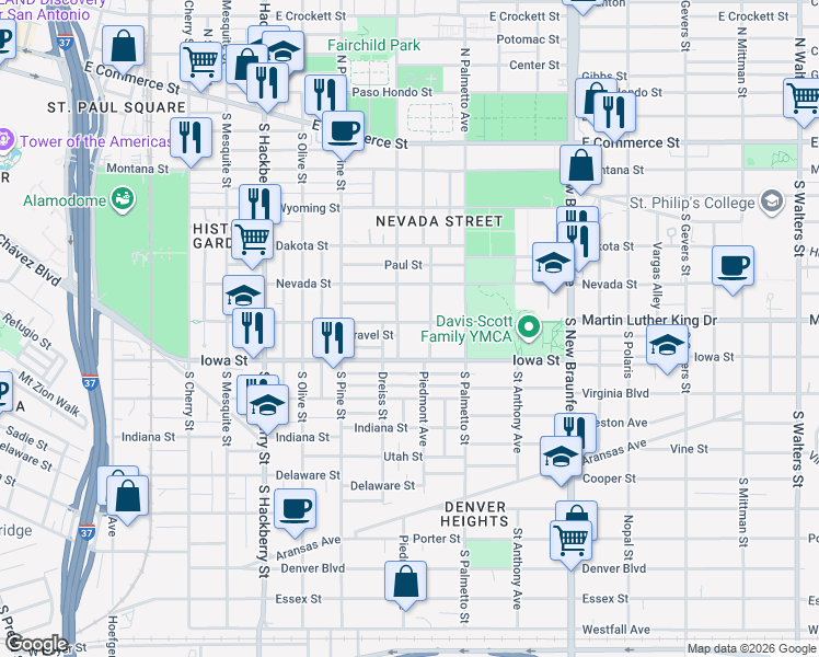 map of restaurants, bars, coffee shops, grocery stores, and more near 813 Martin Luther King Drive in San Antonio
