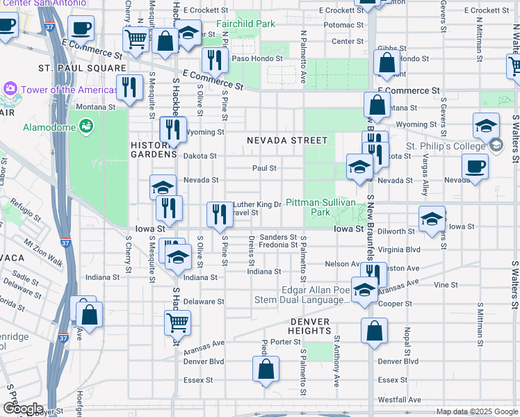 map of restaurants, bars, coffee shops, grocery stores, and more near 813 Martin Luther King Drive in San Antonio