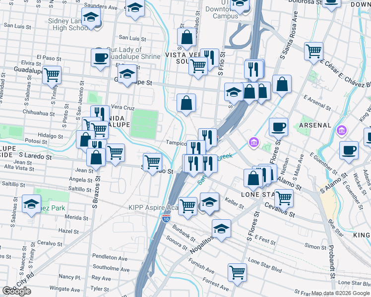 map of restaurants, bars, coffee shops, grocery stores, and more near 219 Tampico Street in San Antonio
