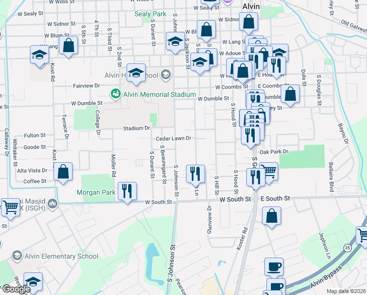 map of restaurants, bars, coffee shops, grocery stores, and more near 725 Cedar Lawn Drive in Alvin