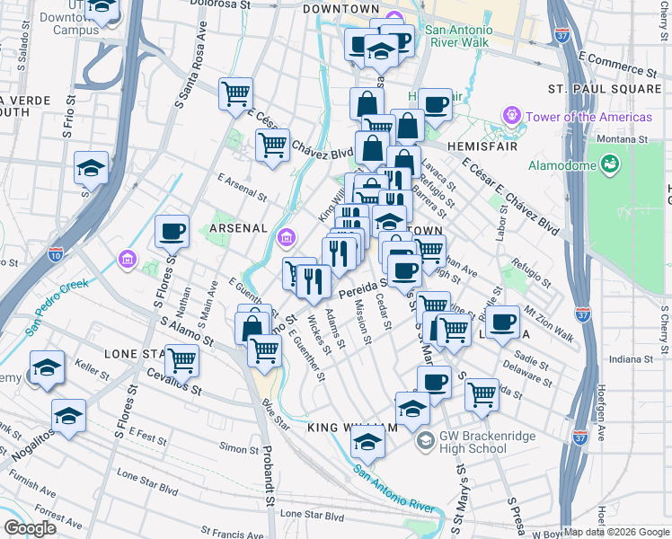 map of restaurants, bars, coffee shops, grocery stores, and more near 1017 South Alamo Street in San Antonio