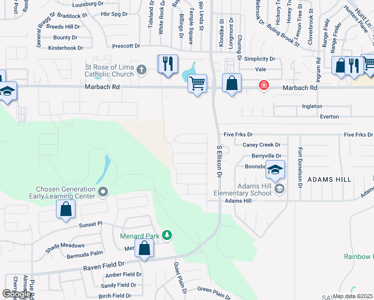 map of restaurants, bars, coffee shops, grocery stores, and more near 9806 Marbach Canyon in San Antonio
