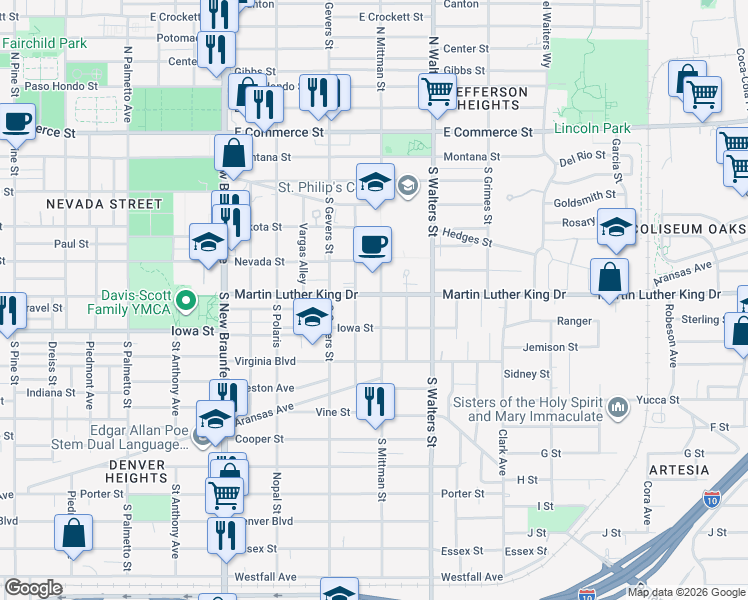 map of restaurants, bars, coffee shops, grocery stores, and more near 1720 Martin Luther King Drive in San Antonio