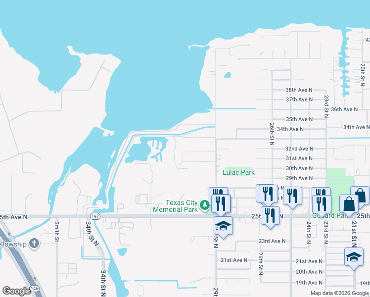 map of restaurants, bars, coffee shops, grocery stores, and more near 2924 31st Avenue North in Texas City