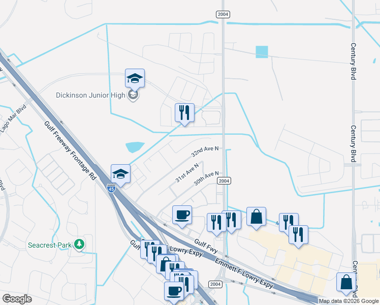 map of restaurants, bars, coffee shops, grocery stores, and more near 10928 32nd Avenue North in Texas City