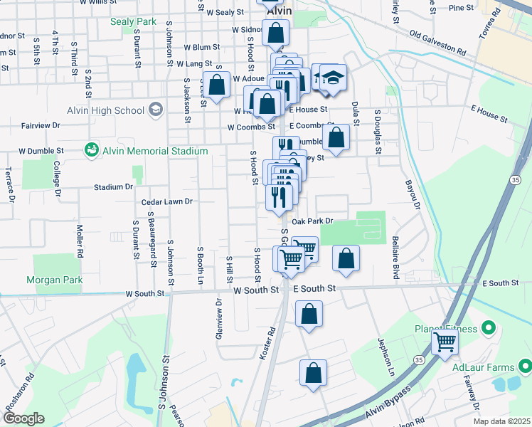map of restaurants, bars, coffee shops, grocery stores, and more near in Alvin