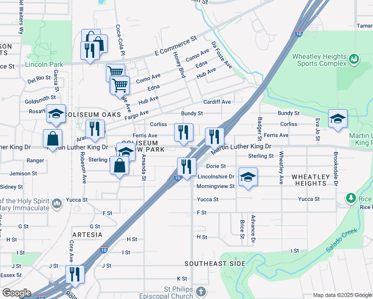 map of restaurants, bars, coffee shops, grocery stores, and more near 3107 Martin Luther King Drive in San Antonio