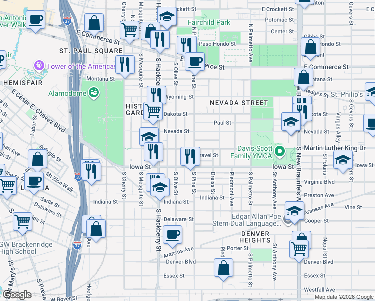 map of restaurants, bars, coffee shops, grocery stores, and more near 533 South Pine Street in San Antonio