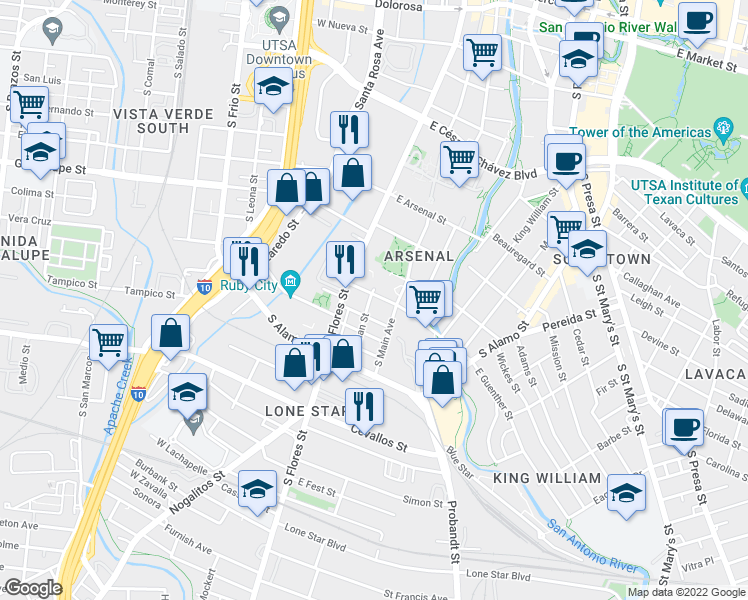 map of restaurants, bars, coffee shops, grocery stores, and more near 222 West Guenther Street in San Antonio
