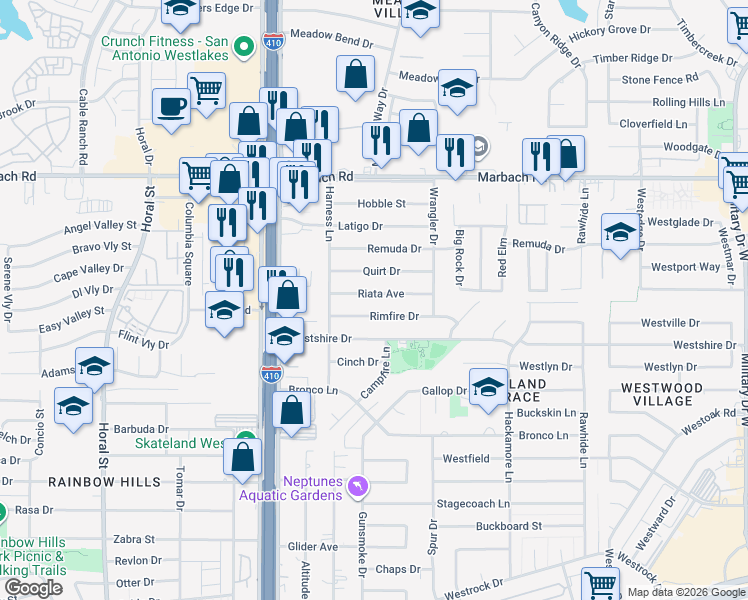 map of restaurants, bars, coffee shops, grocery stores, and more near 7911 Riata Avenue in San Antonio