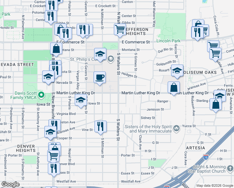 map of restaurants, bars, coffee shops, grocery stores, and more near 1930 Martin Luther King Drive in San Antonio