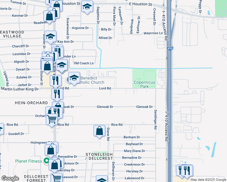 map of restaurants, bars, coffee shops, grocery stores, and more near 4822 Lord Road in San Antonio