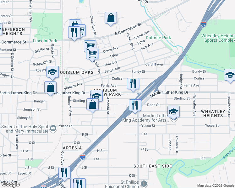 map of restaurants, bars, coffee shops, grocery stores, and more near 3019 Martin Luther King Drive in San Antonio
