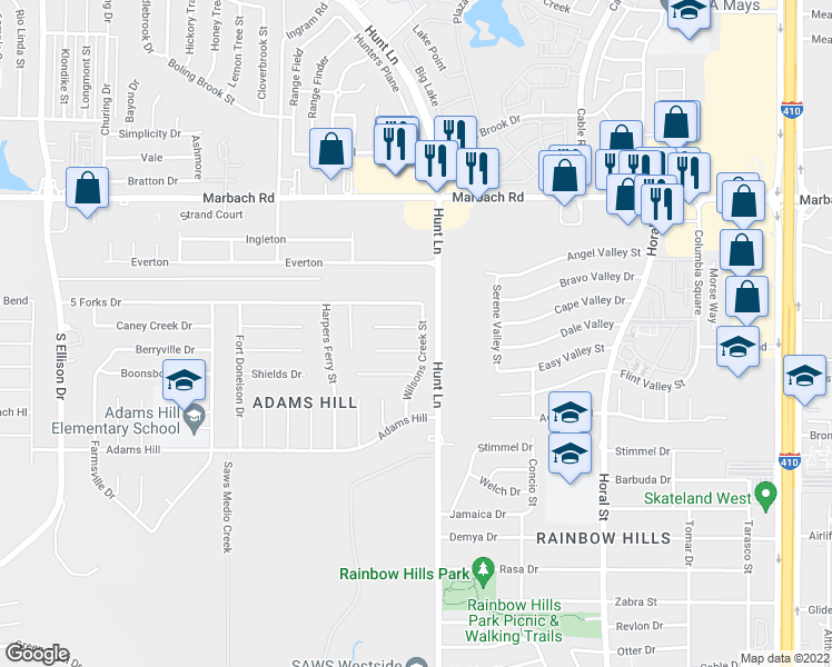 map of restaurants, bars, coffee shops, grocery stores, and more near 9102 Cold Harbor Drive in San Antonio