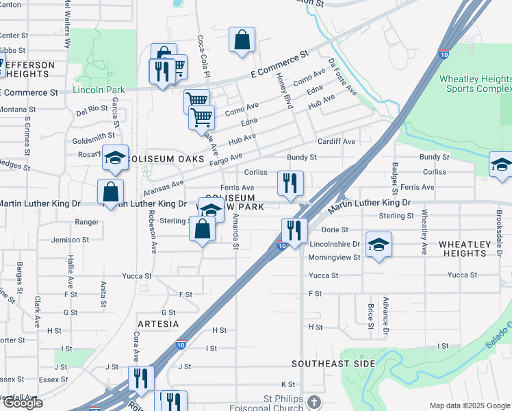 map of restaurants, bars, coffee shops, grocery stores, and more near 3019 Martin Luther King Drive in San Antonio