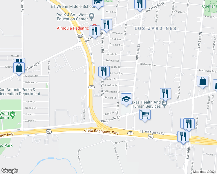 map of restaurants, bars, coffee shops, grocery stores, and more near 254 Lawton Street in San Antonio