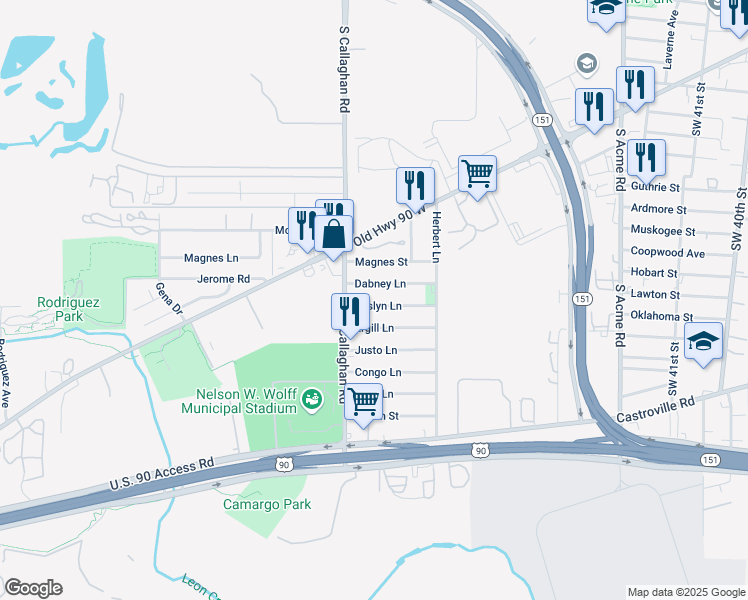 map of restaurants, bars, coffee shops, grocery stores, and more near 5454 Dabney Lane in San Antonio