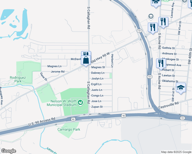 map of restaurants, bars, coffee shops, grocery stores, and more near 5454 Dabney Lane in San Antonio