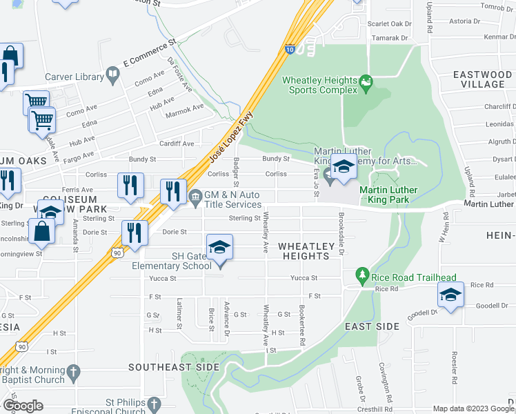 map of restaurants, bars, coffee shops, grocery stores, and more near 3334 Martin Luther King Drive in San Antonio