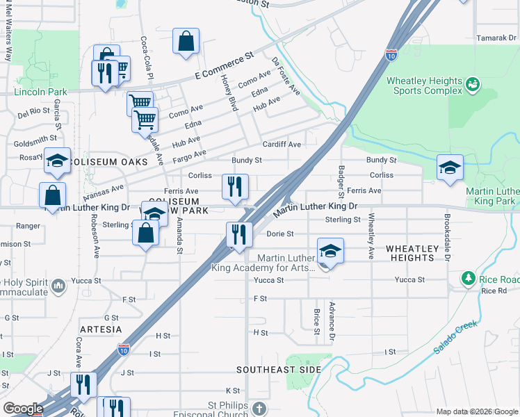 map of restaurants, bars, coffee shops, grocery stores, and more near 217 I- 10 Access Road in San Antonio