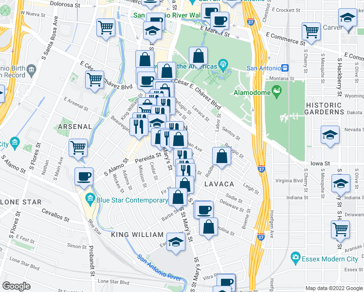 map of restaurants, bars, coffee shops, grocery stores, and more near 136 Callaghan Avenue in San Antonio