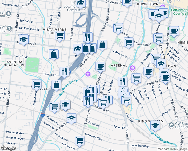 map of restaurants, bars, coffee shops, grocery stores, and more near 111 Camp Street in San Antonio