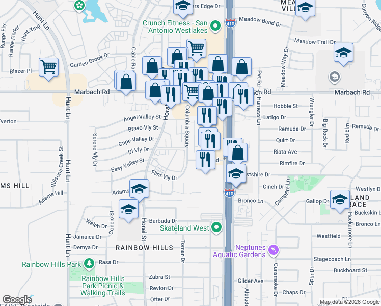 map of restaurants, bars, coffee shops, grocery stores, and more near 1915 Morse Way in San Antonio