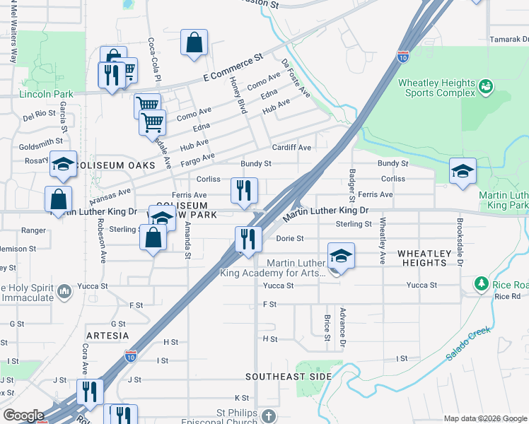 map of restaurants, bars, coffee shops, grocery stores, and more near 1604 I- 10 Access Road in San Antonio