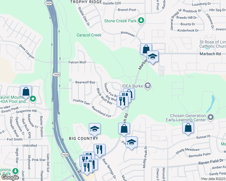 map of restaurants, bars, coffee shops, grocery stores, and more near 10630 Blue Wolf Pier in San Antonio
