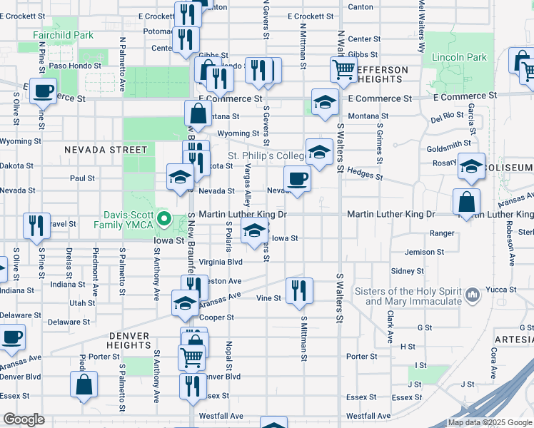 map of restaurants, bars, coffee shops, grocery stores, and more near Martin Luther King Dr & S Gevers St in San Antonio