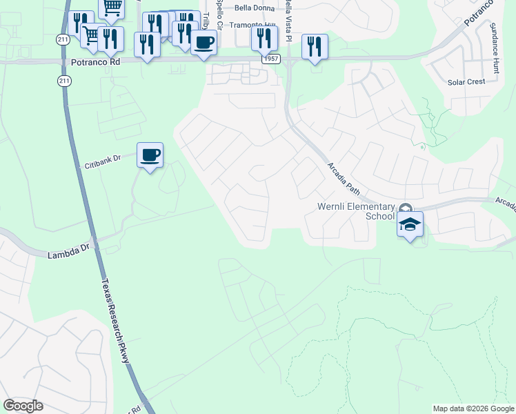 map of restaurants, bars, coffee shops, grocery stores, and more near 13919 Persimmon Cove in San Antonio