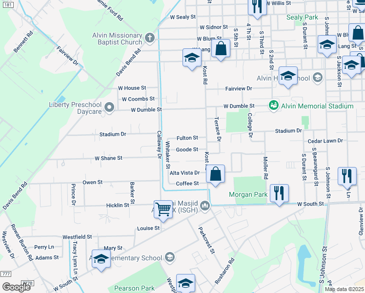 map of restaurants, bars, coffee shops, grocery stores, and more near 1820 Goode Street in Alvin